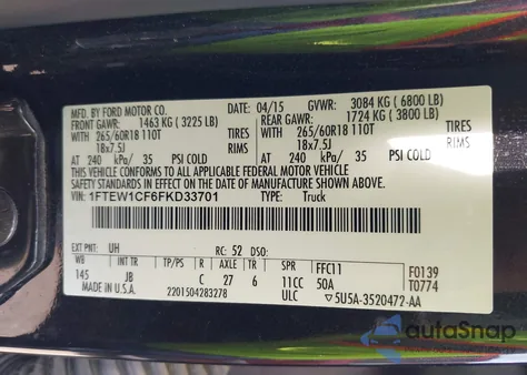 2015 Ford F-150 Xlt from USA, damaged, VIN 1FTEW1CF6FKD33701